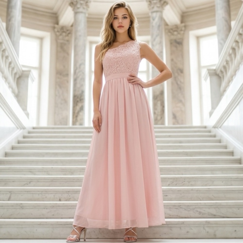 Blush Pink One Shoulder‎ Lace Bodice Chiffon Maxi Formal Dress Size 4/6